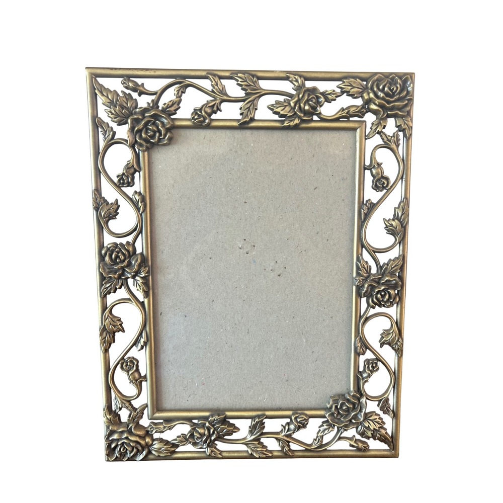 Connoisseur Antique Gold Tone Rose Floral Filigree 5x7 Metal Photo Picture Frame
